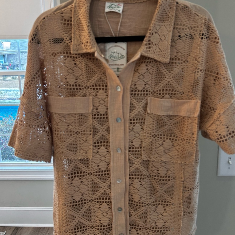 Crochet Button-Up Shirt with Pockets New with tags so beautiful
